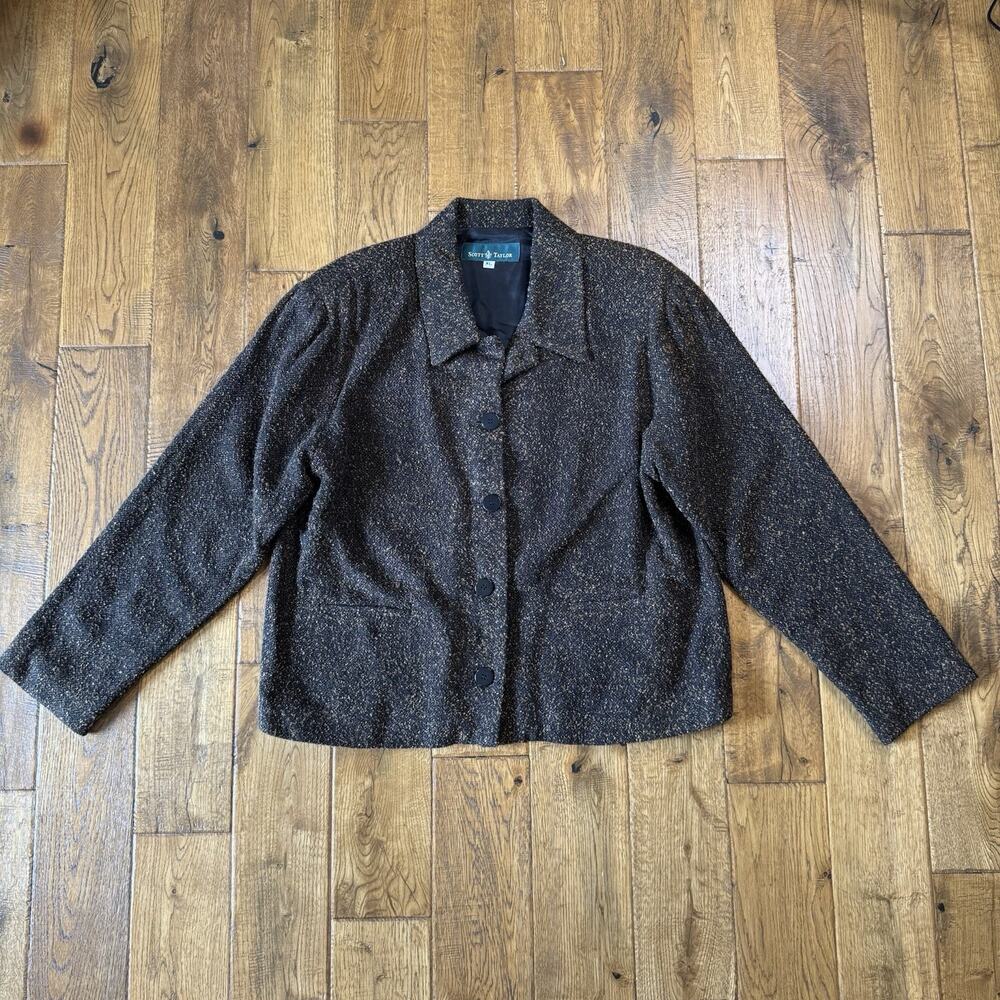VTG Scott Taylor Womens Black Tweed Knit Blazer Jacket Size XL Button Front